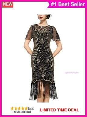 1920s Flapper Dress Sequin Beaded Fringe Short Sleeve Gatsby Prom Costume